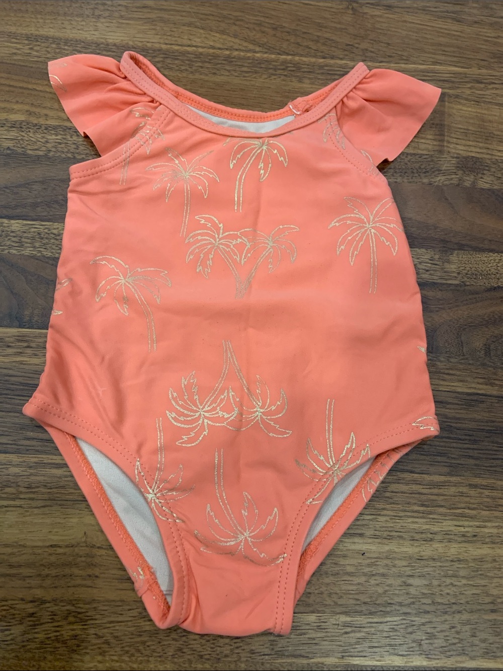 Tea Collection Girls Coral Pink Palm Tree Ruffle One Piece Swim Suit 9-12 months